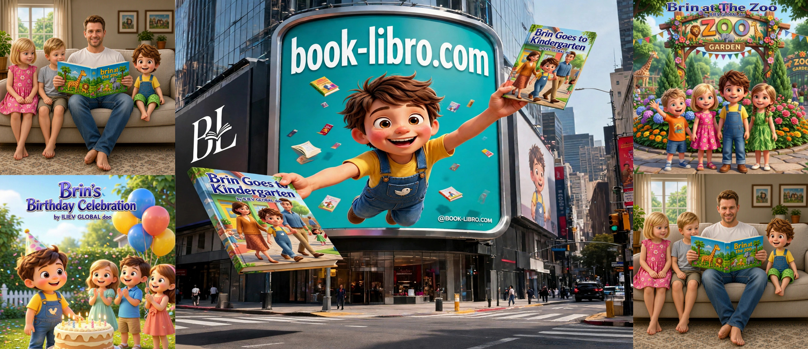 Brin bursting off a giant book-libro.com billboard in the big city